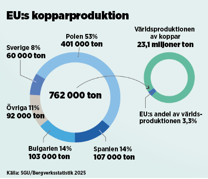 Cirkeldiagram: EU:s kopparproduktion är 762 000 ton. Polen 53 procent (401 000 ton), Spanien 14 procent (107 000 ton), Bulgarien 14 procent (103 000 ton), övriga 11 procent (92 000 ton), Sverige 8 procent (60 000 ton). EU:s andel av världsproduktionen på 23,1 miljoner ton är 3,3 procent. Källa: SGU/Bergverksstatistik 2025.